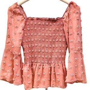 London Rose Smocked  Strethy Dot Smocked Peplum Blouse Flowy Dusty Pink Top MED